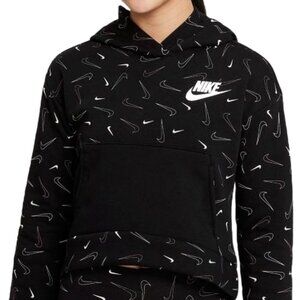 Nike Hoodie Girls Youth Large Black Swoosh Pullover Sweatshirt All Over Print
